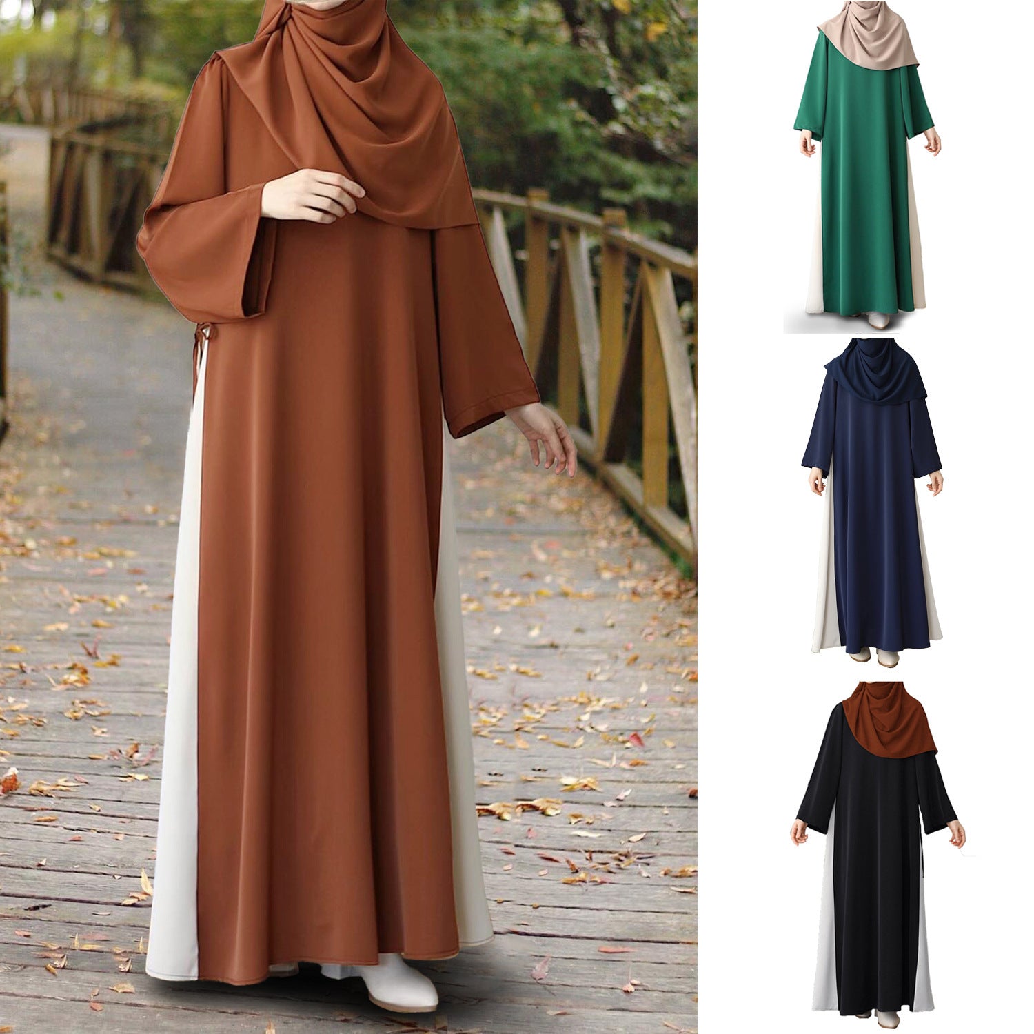 Color Matching Side Drawstring Loose-fitting Casual Round-neck Dress