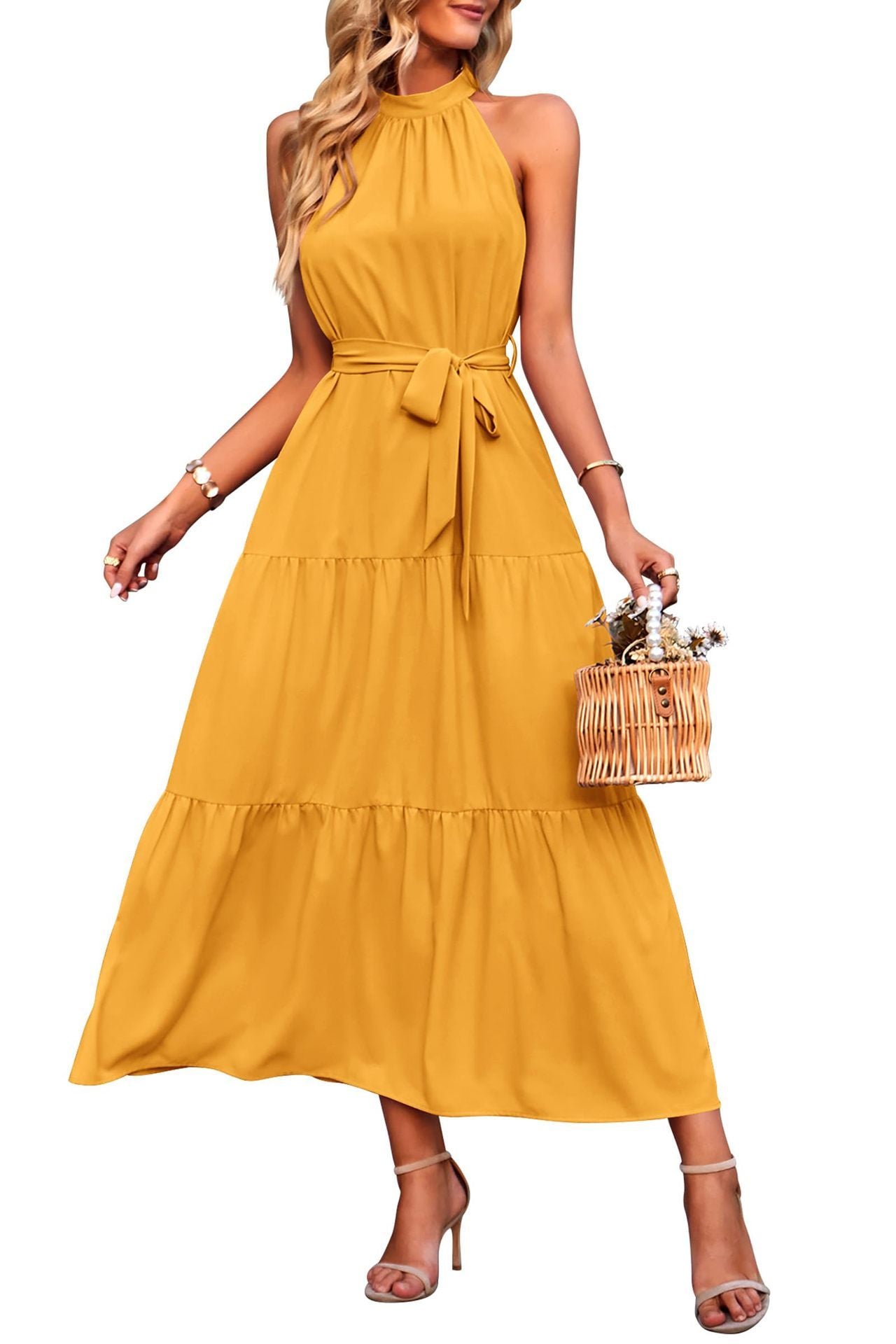 Halter Lace-up Casual Loose Stitching Dress