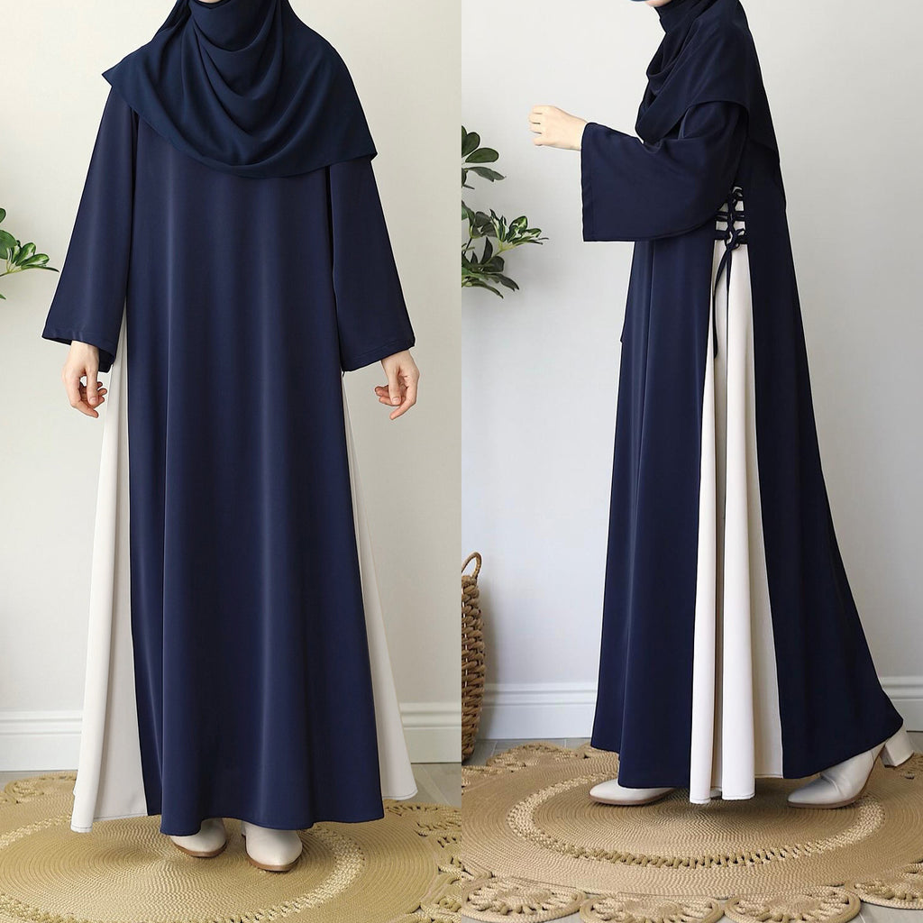 Color Matching Side Drawstring Loose-fitting Casual Round-neck Dress
