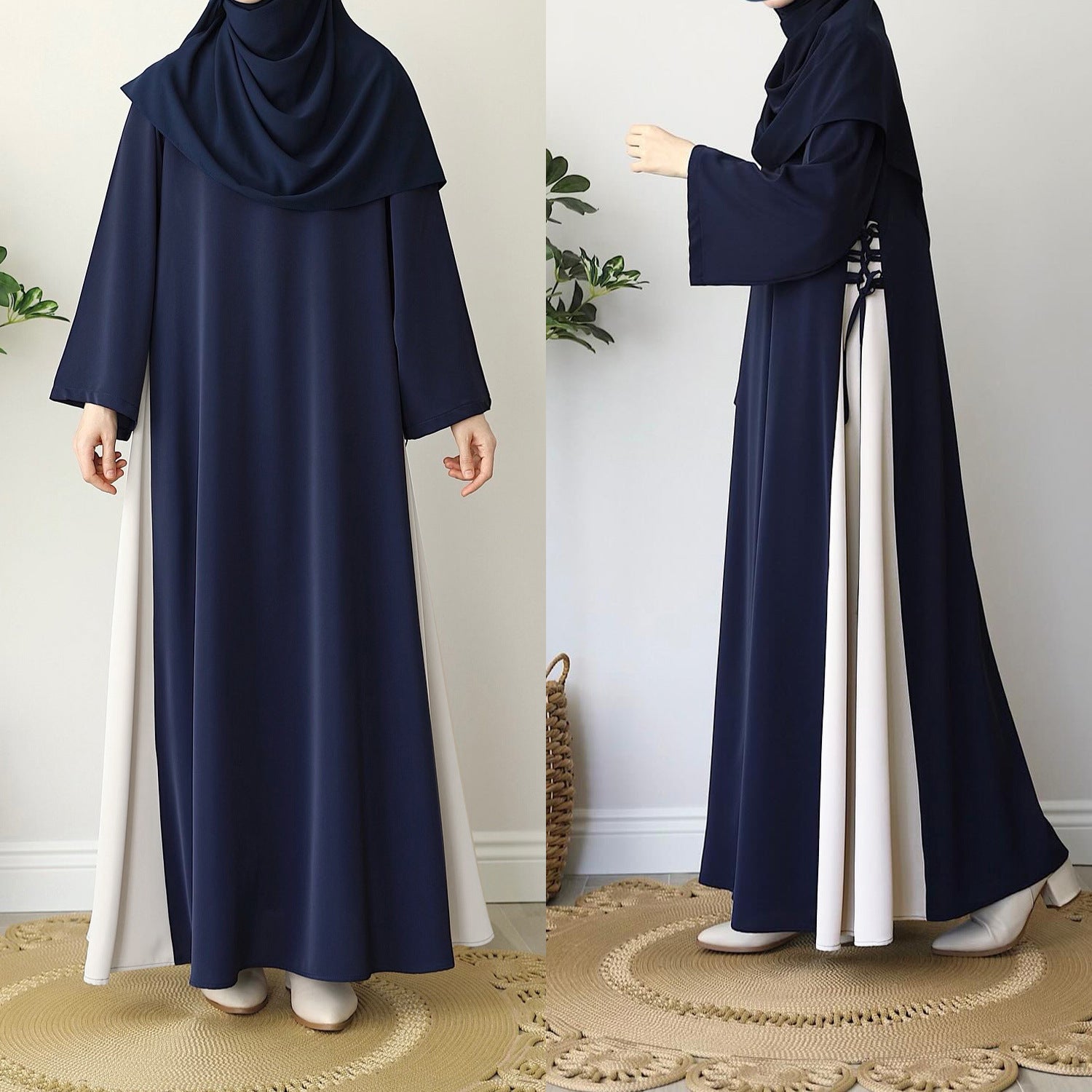 Color Matching Side Drawstring Loose-fitting Casual Round-neck Dress